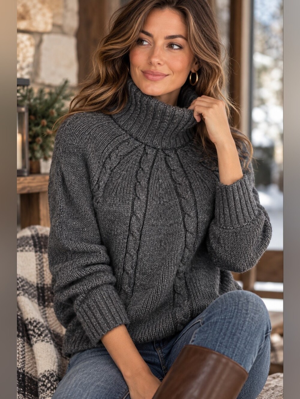 Victor Cashmere Lambswool Fisherman Cable Knit Turtleneck Luxury Sweater Gray L